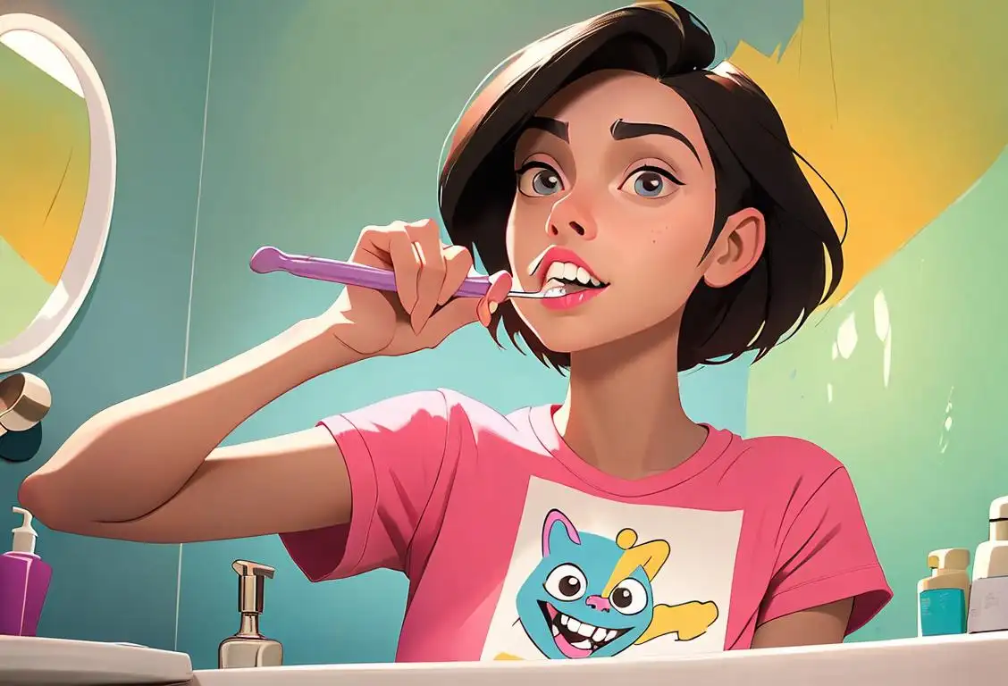 Young woman holding a toothbrush, wearing a cute dental-themed t-shirt, colorful bathroom setting with a shelf full of toothpaste and mouthwash..