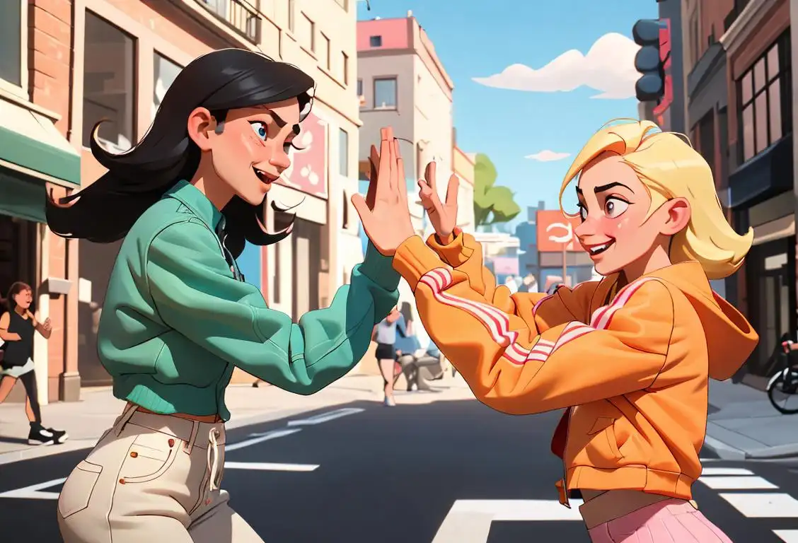 Two friends playfully high-fiving, wearing trendy clothes, urban street setting, wholesome and energetic vibe..