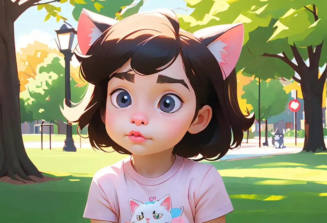 Adorable child holding a fluffy kitten, wearing a cute kitty-themed t-shirt, bright sunny park setting..