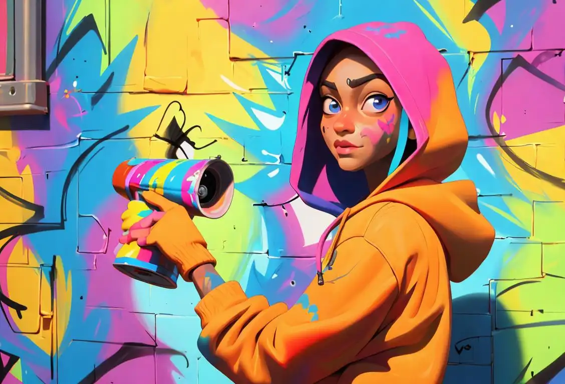 Colorful graffiti artist wearing a hoodie, creating vibrant artwork on a city wall with spray cans in hand..