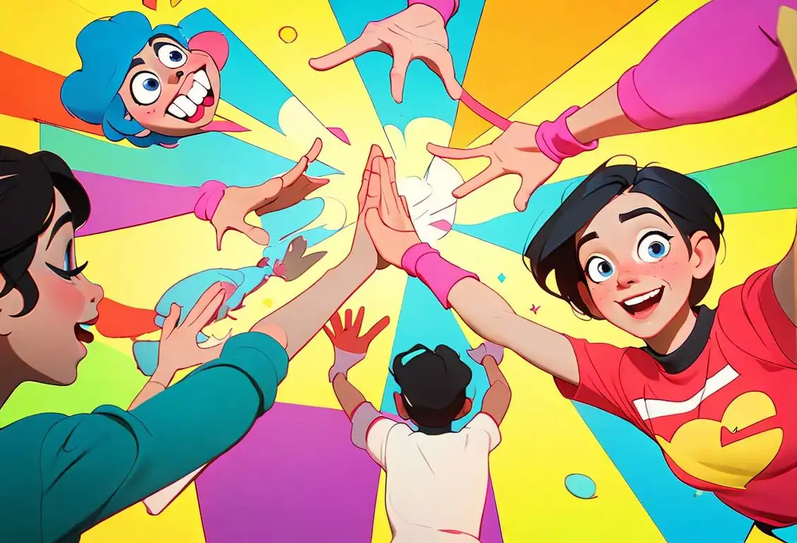 A group of friends joyfully engaging in a playful high-five session, dressed in colorful and retro outfits, reminiscent of carefree and vibrant youthfulness..