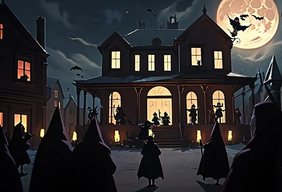 People dressed in spooky costumes, holding fake pitchforks, in front of a backdrop of a haunted house and a full moon..