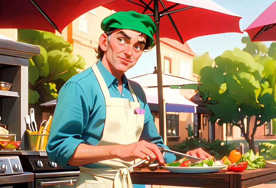 Keith Floyd cooking with flair and charm in a vibrant outdoor setting, wearing a chef's hat and colourful apron, surrounded by fresh ingredients and cooking utensils..