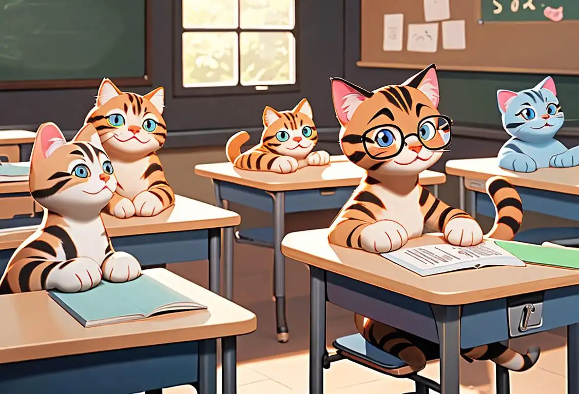 A smiling student surrounded by a group of happy cats, all wearing adorable little glasses and sitting at tiny desks in a colorful classroom..