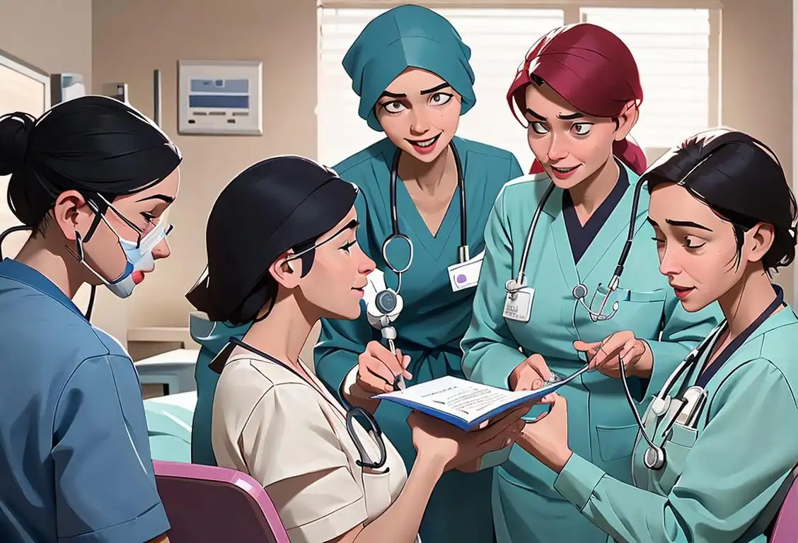 Joyful healthcare hero wearing scrubs, stethoscope, surrounded by caring team in a modern hospital setting..