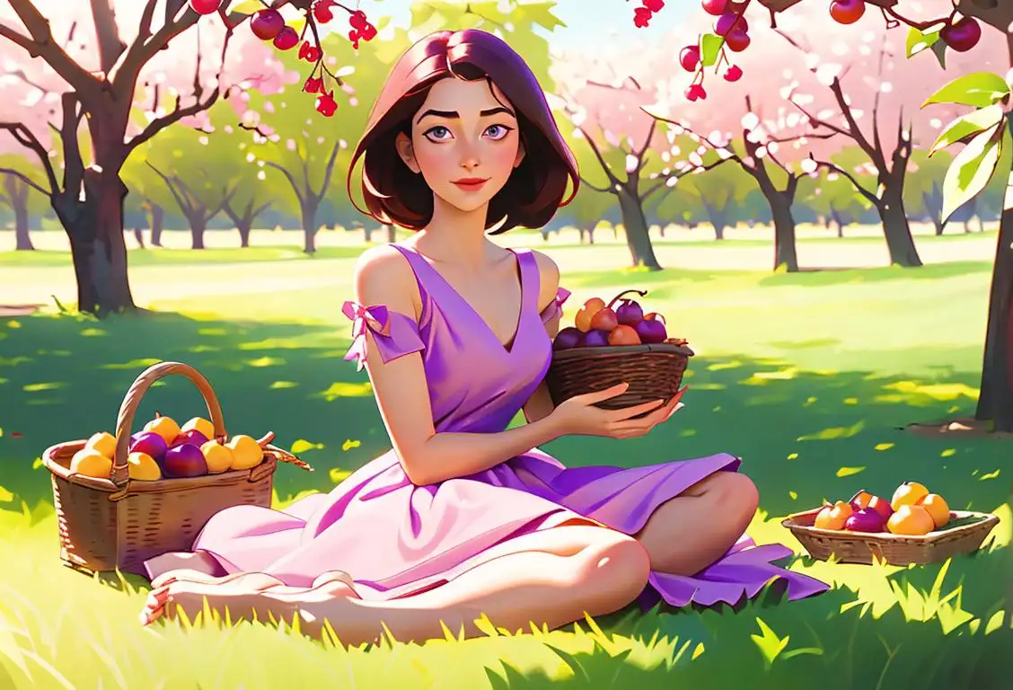 Young woman holding a basket of plums, wearing a flowy dress, enjoying a picnic in a sunny orchard..