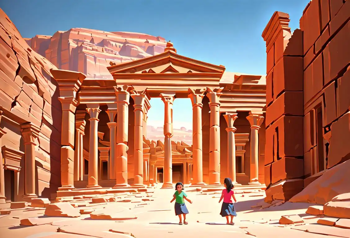 A family exploring the ancient ruins of Petra, dressed in comfortable and colorful travel attire, against a backdrop of stunning desert landscapes..