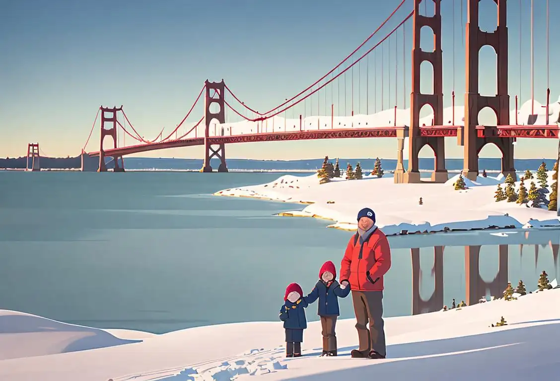 A family standing in front of the iconic Mackinac Bridge, wearing winter clothing, enjoying the scenic snow-covered landscape of Michigan..