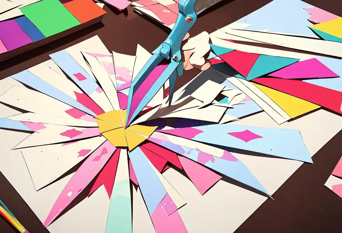 Young creative person crafting paper snowflakes using scissors, surrounded by colorful fabrics and craft supplies..
