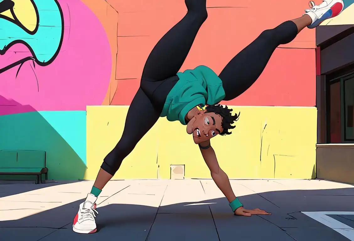 Young person performing breakdancing moves on a vibrant, urban street surrounded by enthusiastic, diverse crowd. Stylish athletic wear, dynamic backdrop, energetic atmosphere..