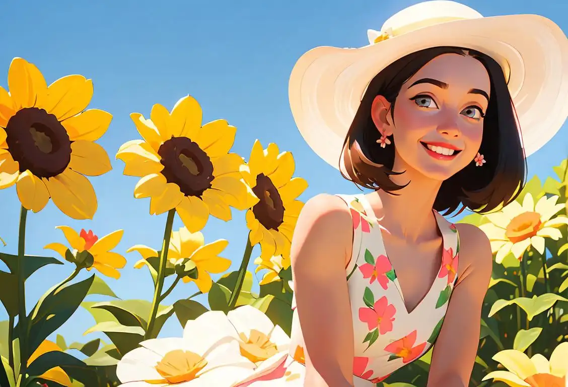 Young woman named Rebecca, smiling brightly, wearing a floral dress with a sunhat, enjoying a sunny day in a park surrounded by blooming flowers..