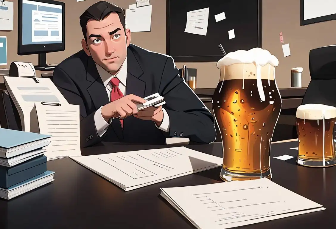 A professional in business attire sitting at a desk, with a laptop and a cold beer in hand, surrounded by work documents and office supplies..