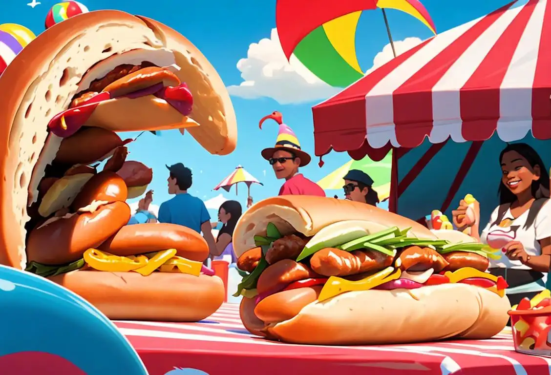 A group of diverse individuals joyfully devouring colorful, creatively topped hot dogs at a vibrant outdoor carnival celebration, wearing casual summer attire..