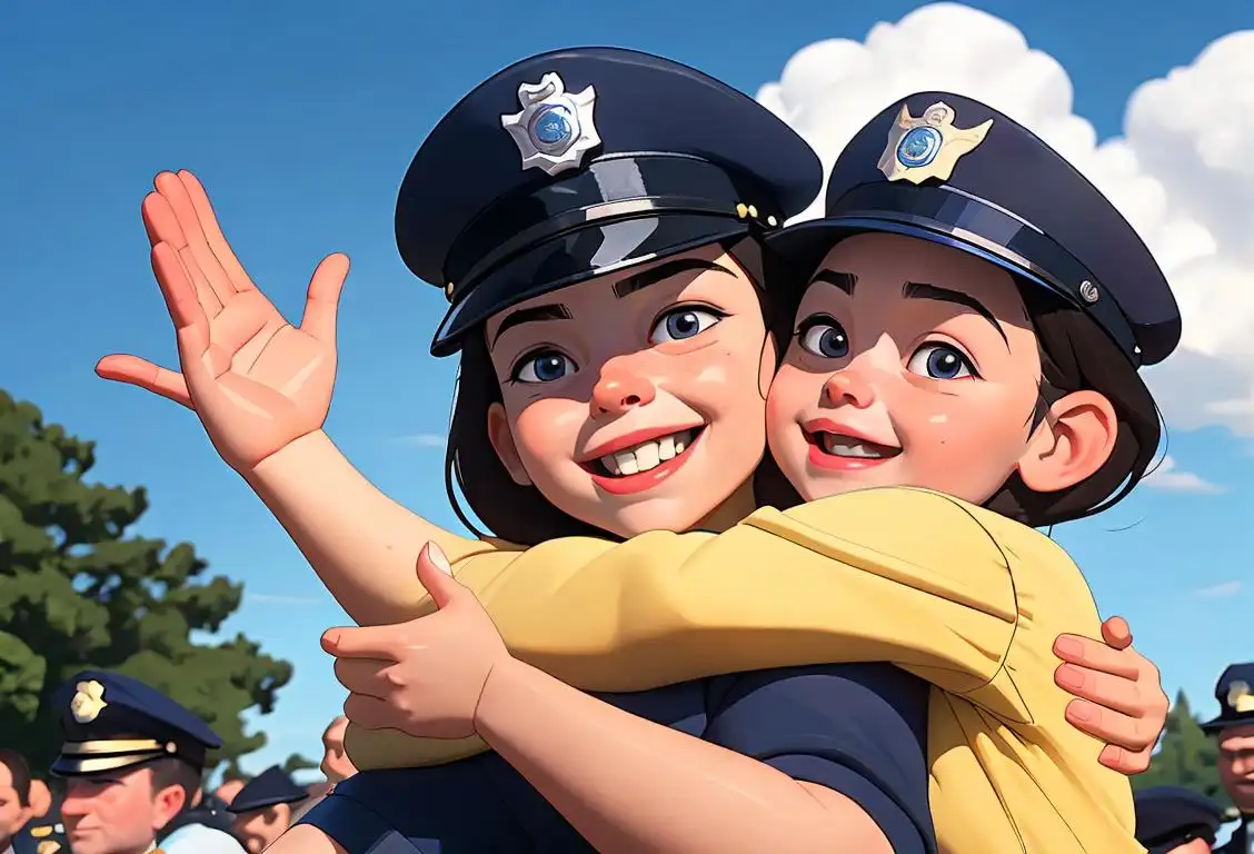 Young child in a police uniform, smiling with outstretched arms, embracing a police officer. Nearby, a police car under a blue sky..
