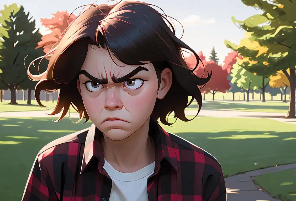 Young person pretending to be grumpy, wearing oversized flannel shirt, messy hair, suburban park setting..