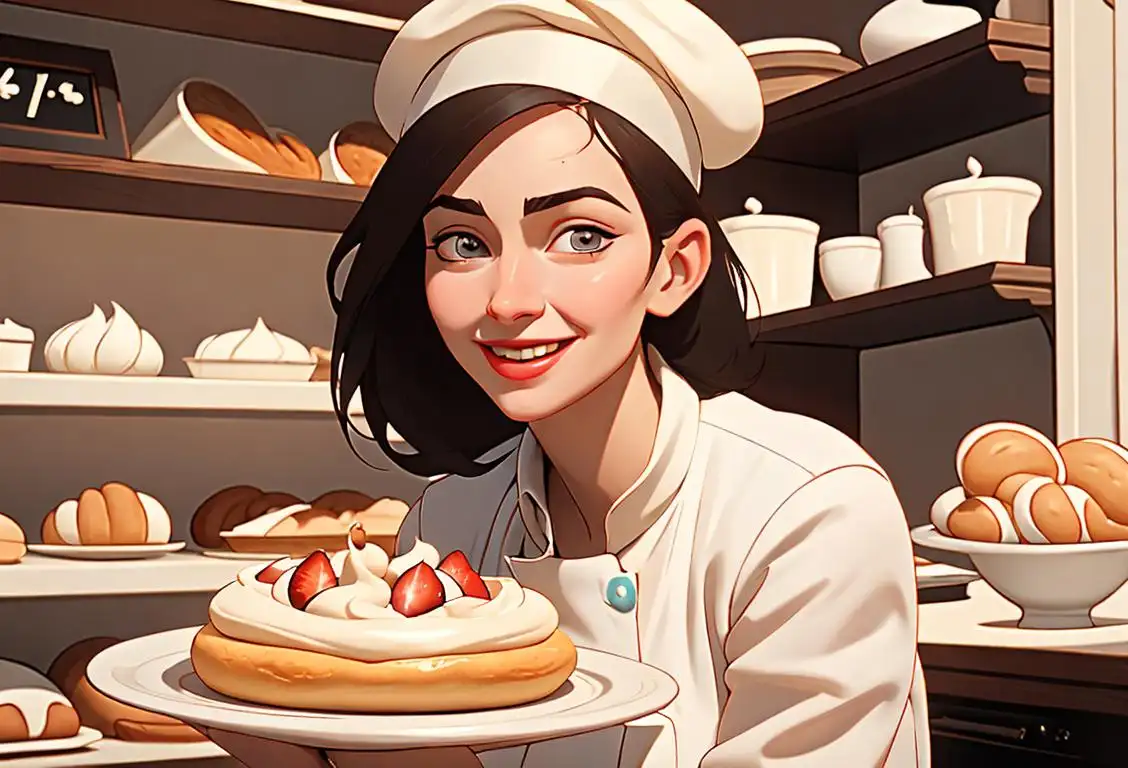 Joyful woman enjoying a delicious creamy dessert, wearing a chef's hat, in a cozy bakery setting..