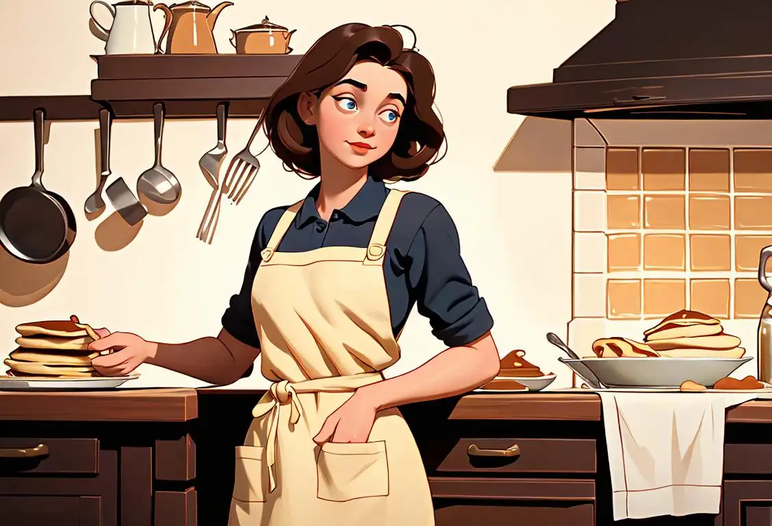 Young woman wearing an apron, flipping pancakes in a cozy kitchen with a vintage decor, surrounded by pancake-related memorabilia..