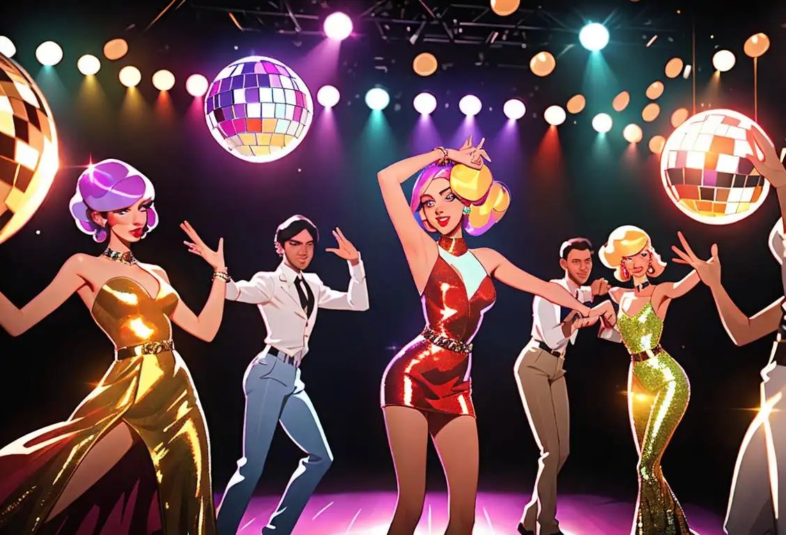 A group of people dancing under a shimmering disco ball, wearing flashy outfits and disco-era hairstyles, in a nightclub setting..
