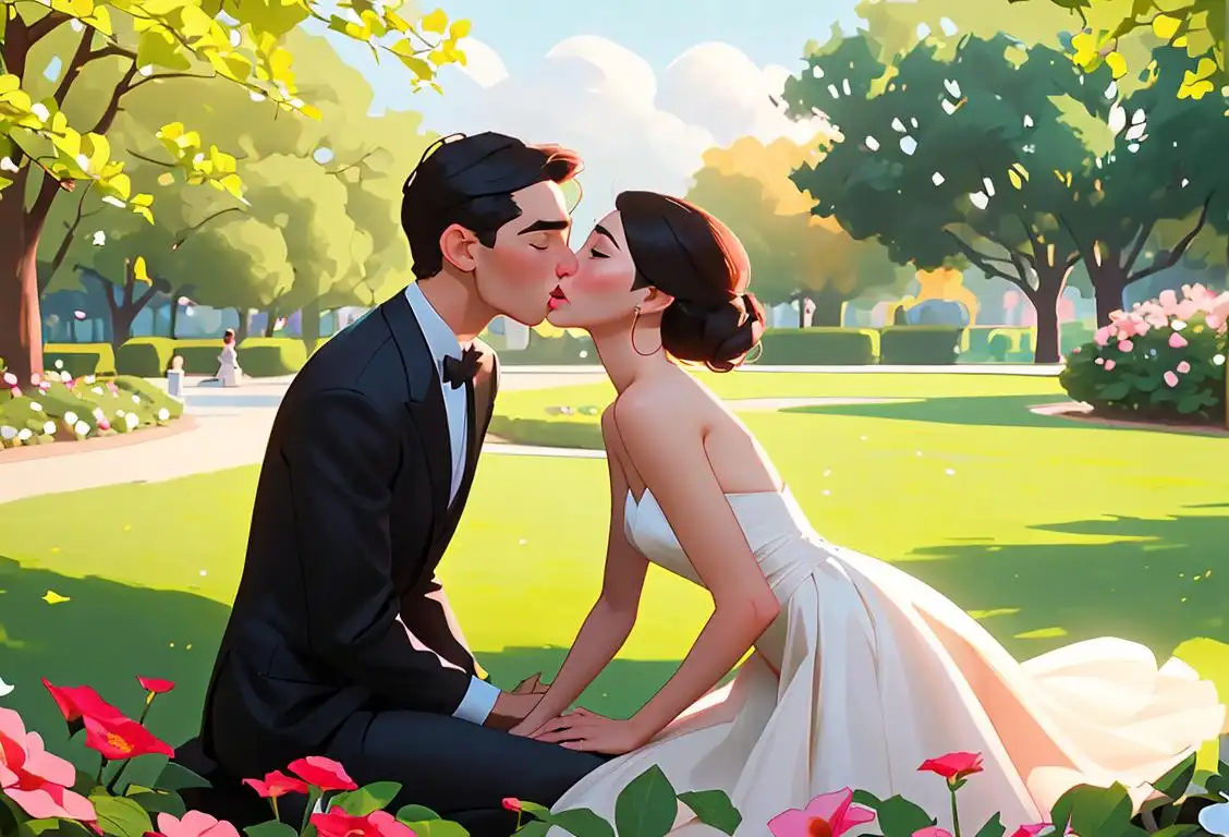 Young couple sharing a passionate kiss in a romantic park, surrounded by flowers and a gentle breeze. They are dressed in elegant attire, setting the stage for a timeless makeout moment..