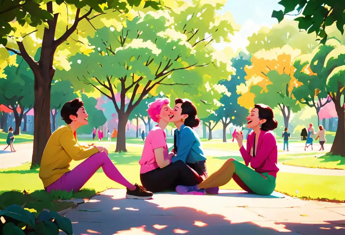 A group of friends sharing laughter and enjoying each other's company, wearing colorful clothing and sitting in a park surrounded by nature..