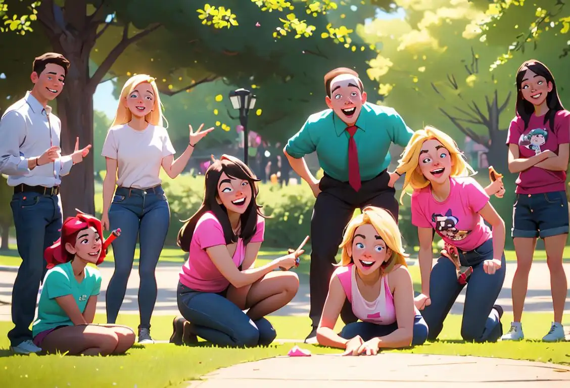 A group of friends gathered around Erica, with mischievous smiles, holding prank props, in a park filled with laughter..