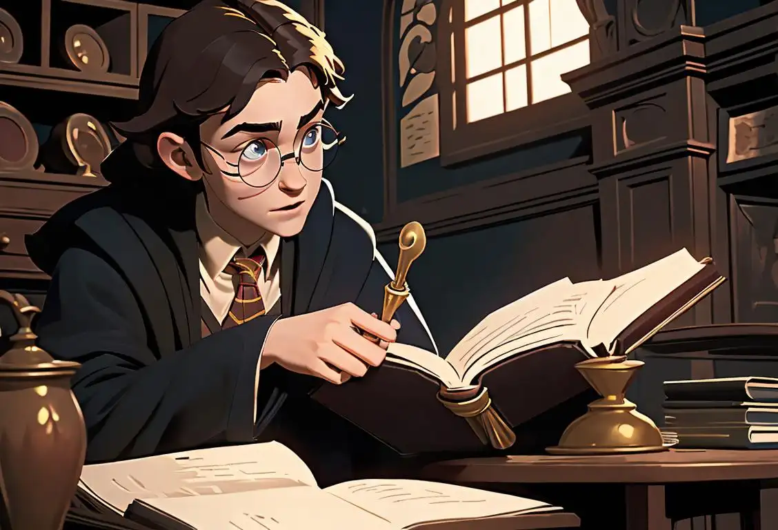 Teenage boy with round glasses, holding a wand, in a classroom filled with magical books and a cauldron..