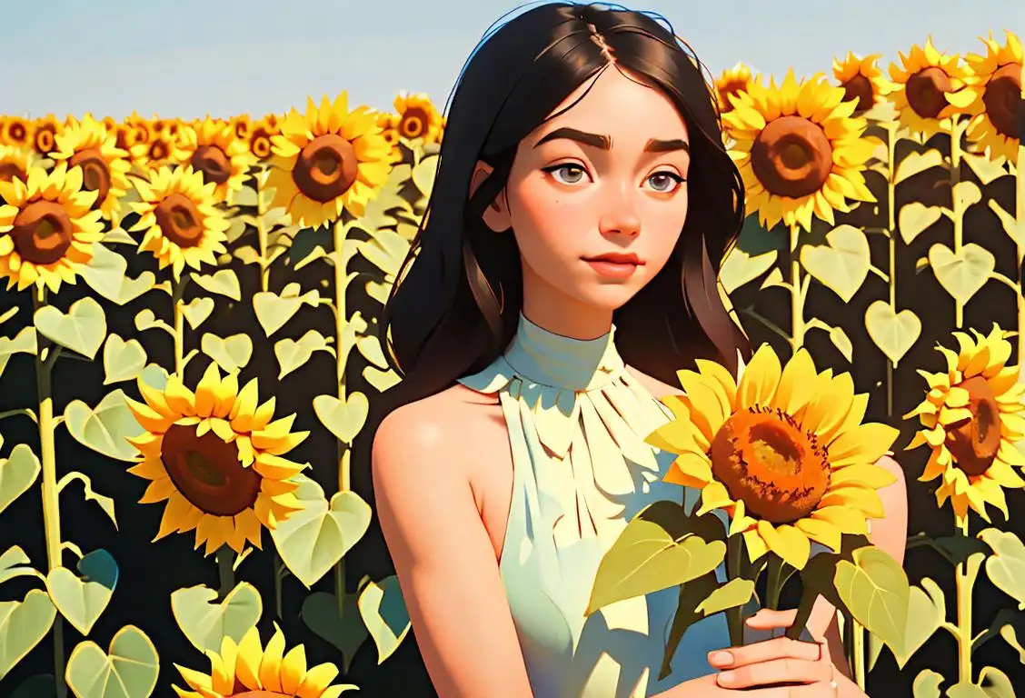 Young woman named Kylee, holding a bouquet of sunflowers, wearing a floral sundress, sunny countryside setting..