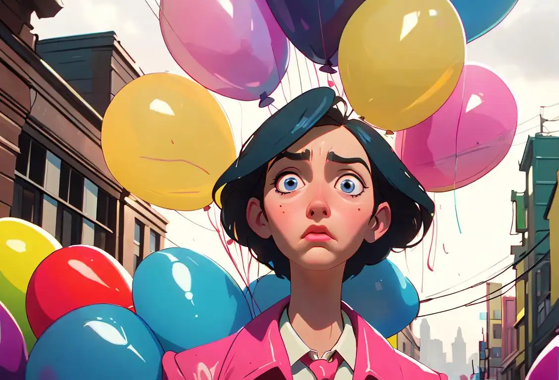 Person with disappointed expression wearing a colorful vintage outfit, surrounded by deflated balloons and rainy city streets..