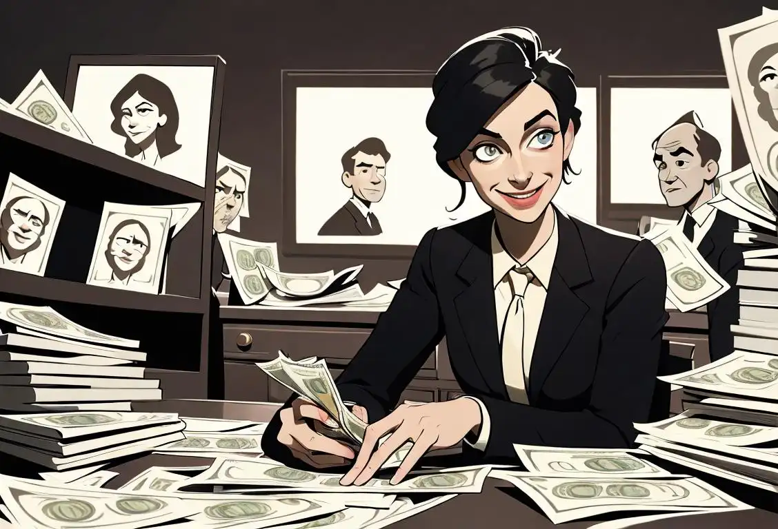 Smiling woman counting money in a modern office setting, wearing a professional suit, surrounded by stacks of dollar bills..