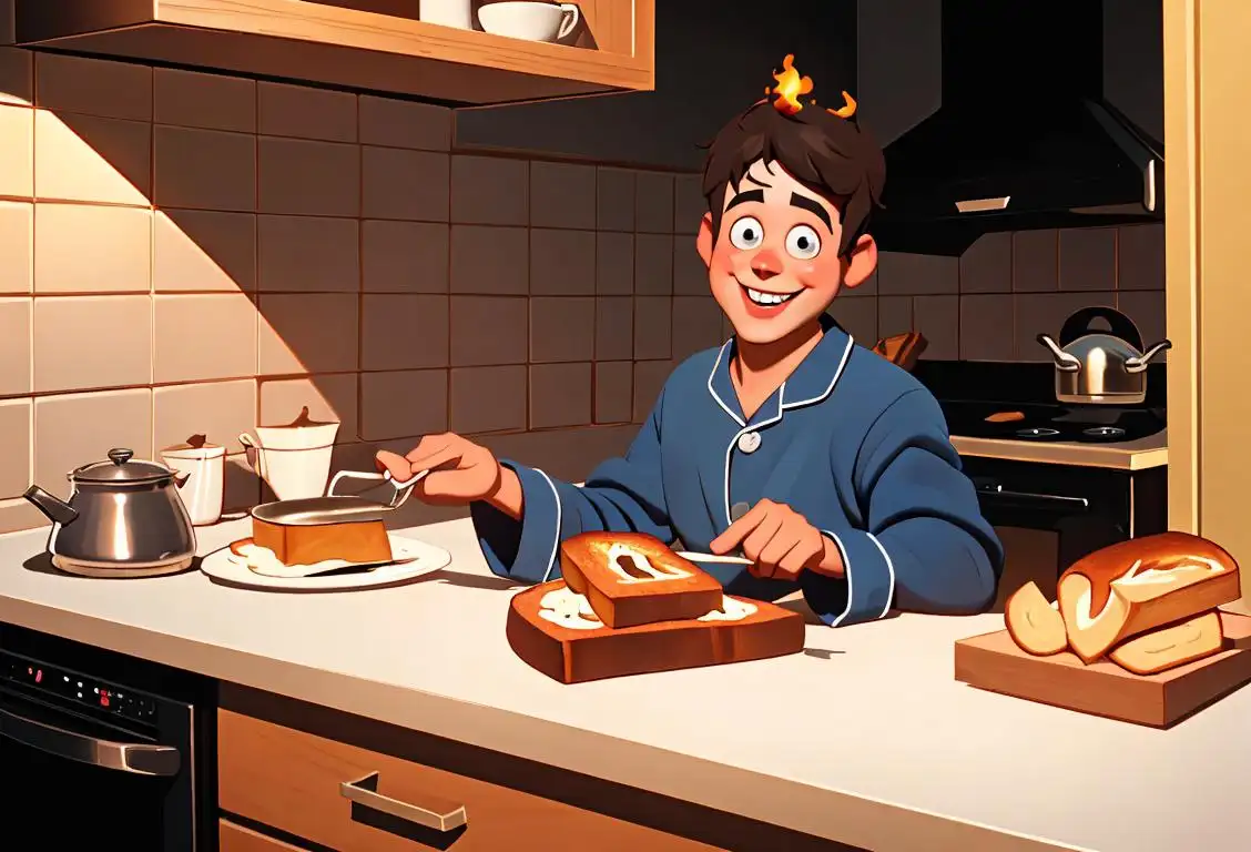 A cheerful person enjoying a slice of burnt toast with a funny hat, cozy pajamas, and a cozy kitchen scene..