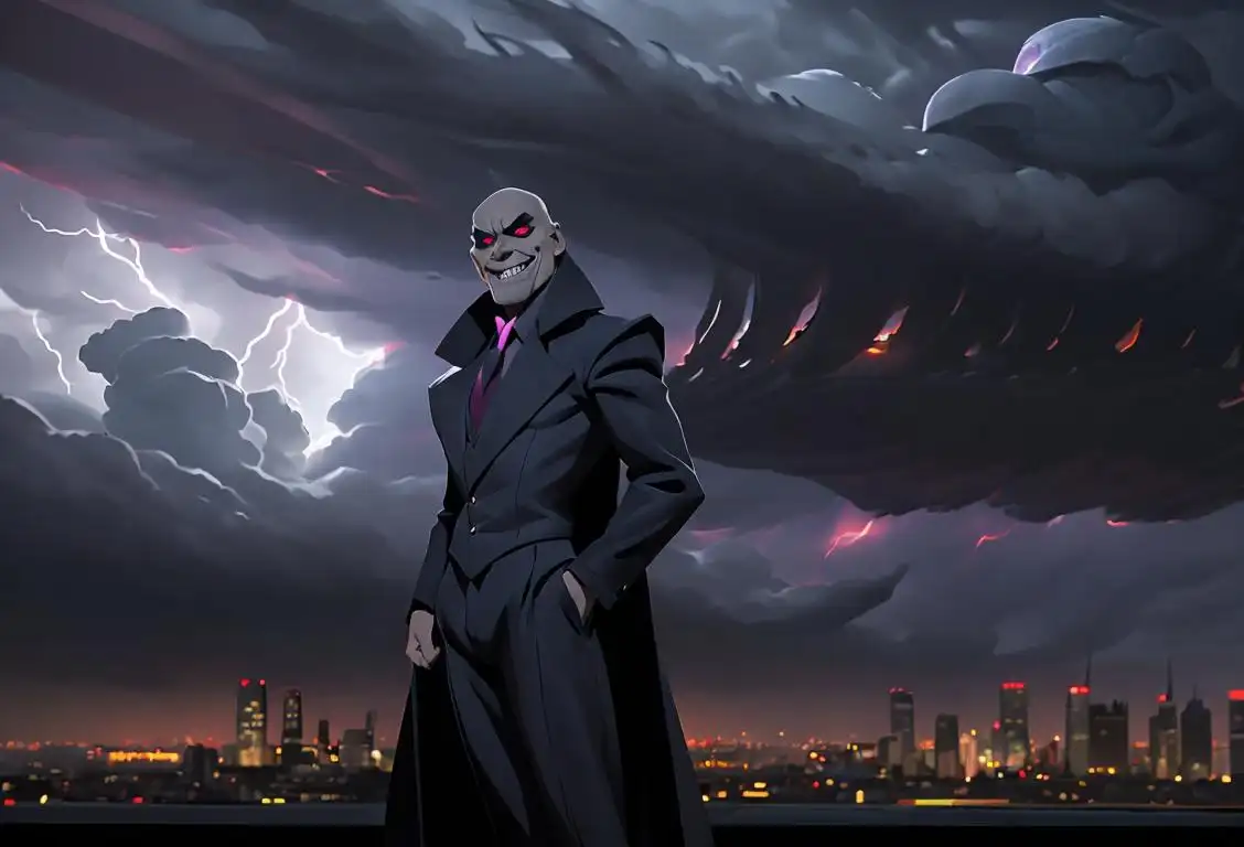 Menacing person in dark attire, evil smile, standing in front of city skyline, ominous storm brewing in the background..