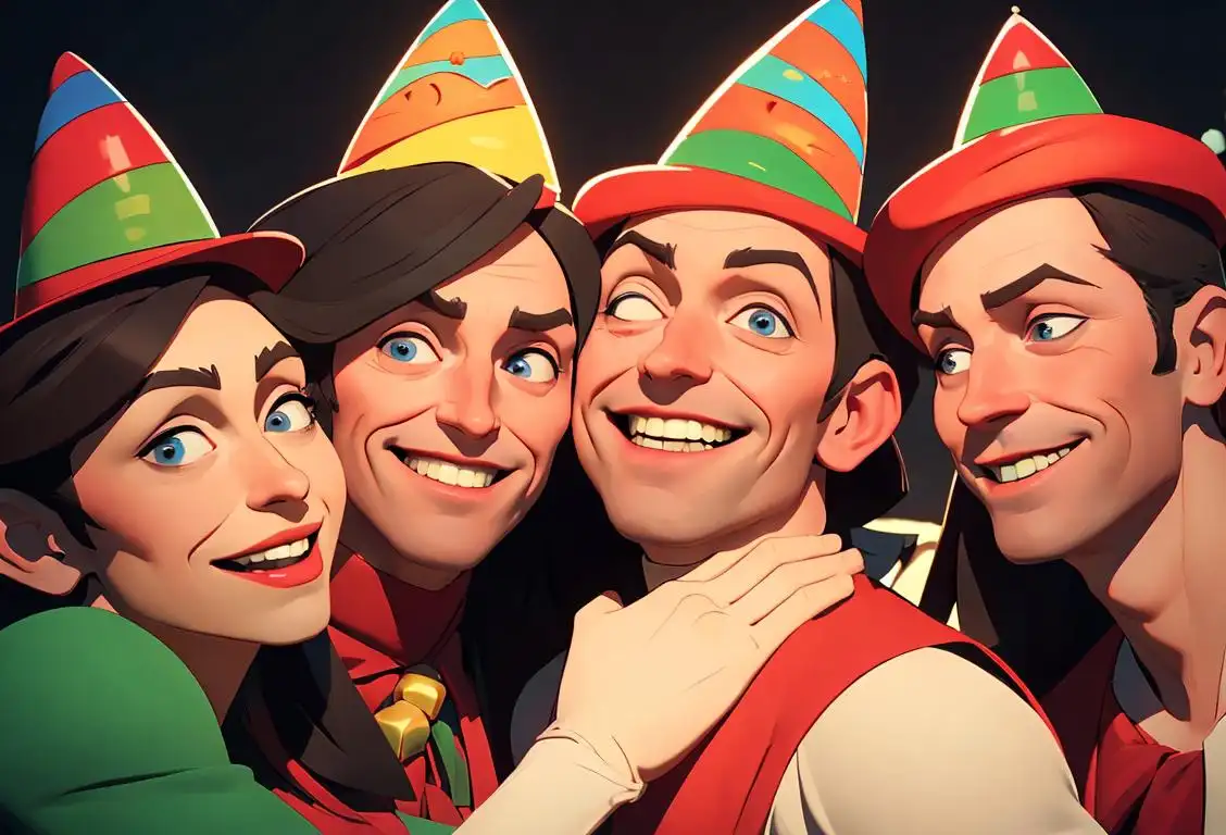 A group of people named Richard, Dick for short, wearing party hats, smiling and embracing each other in a festive setting..
