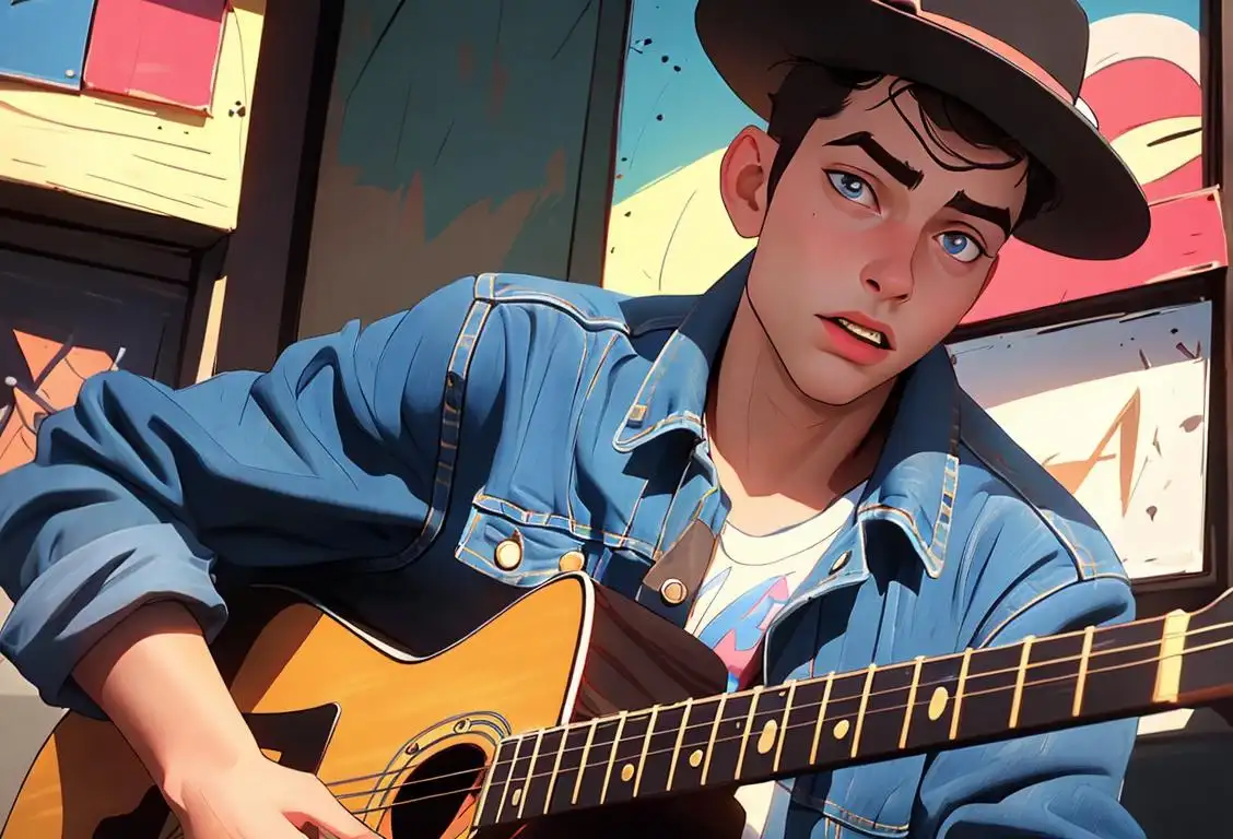 Young man playing a guitar, wearing a denim jacket and trendy Dylan-esque hat in a vibrant urban setting..