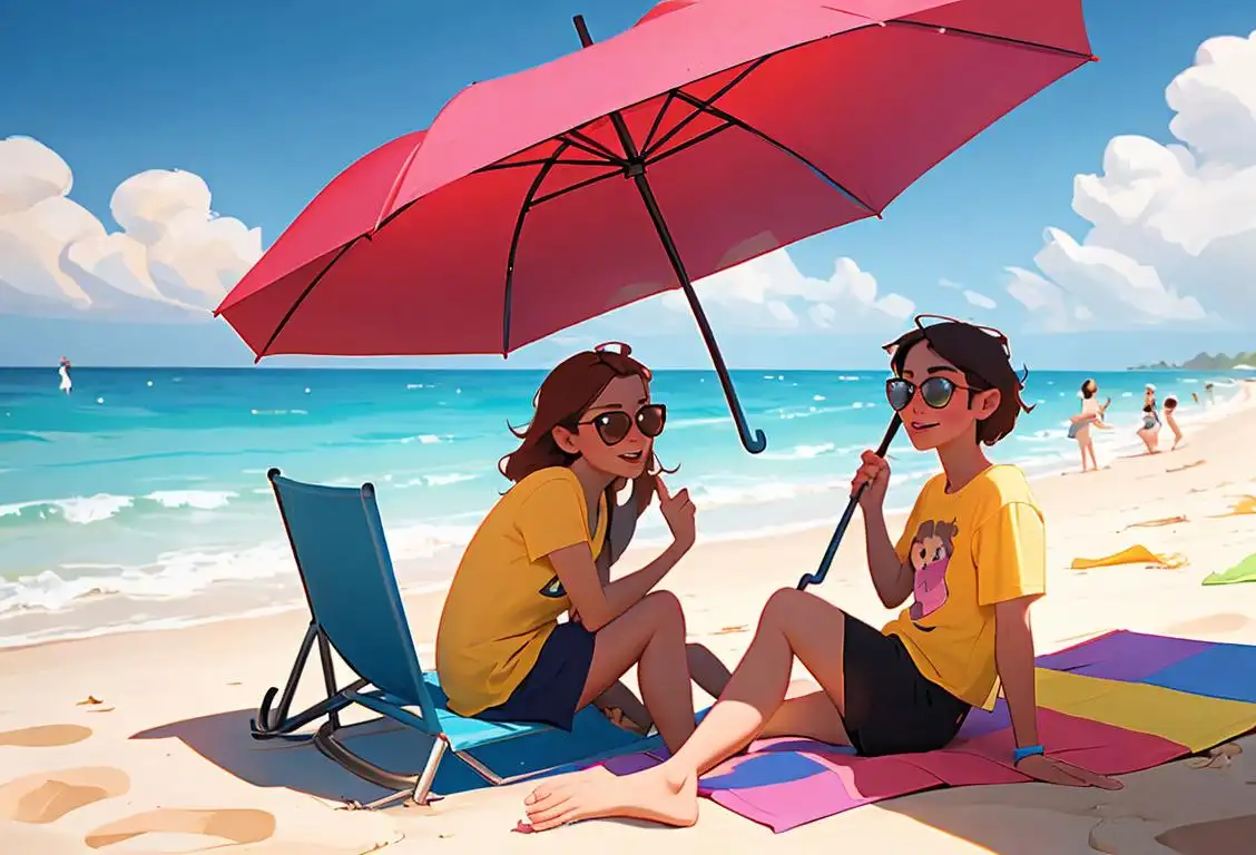 Two friends sitting under a colorful umbrella at a beach, wearing matching t-shirts and sunglasses, enjoying the sunny day together..