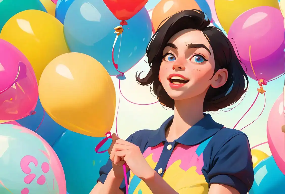 Young woman joyfully connecting with her inner child, wearing a retro-inspired outfit, surrounded by colourful balloons and confetti..