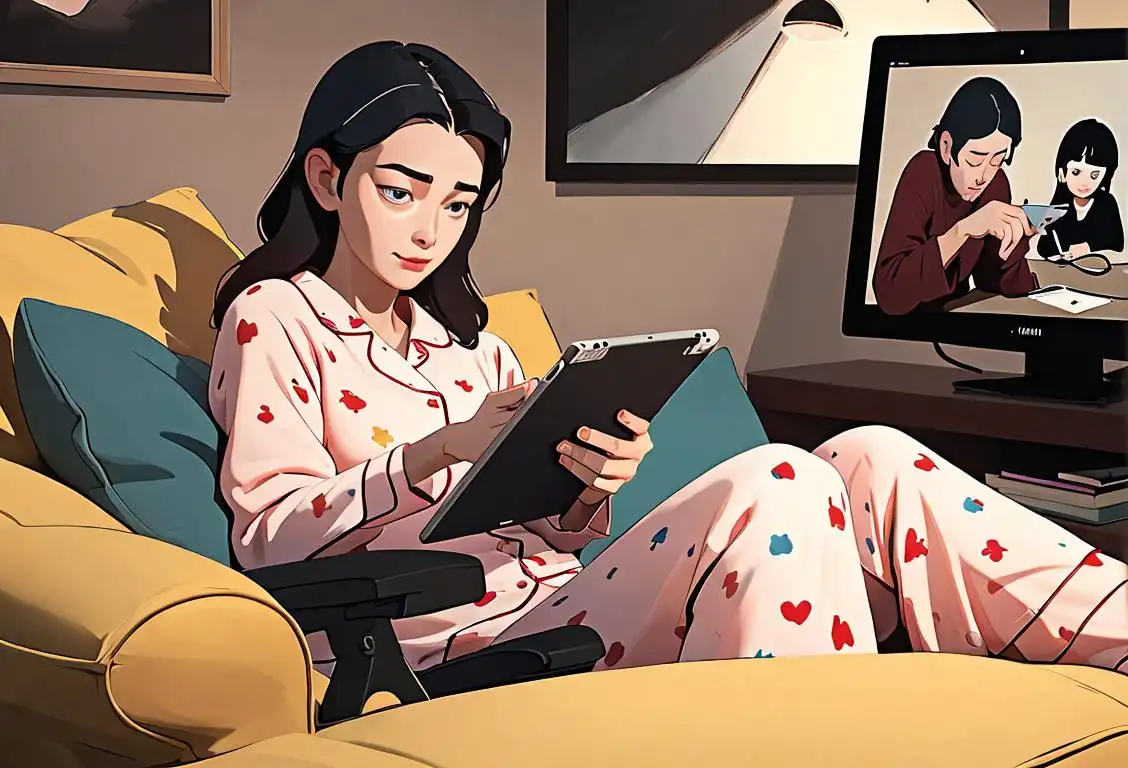 A cozy living room scene with a person wearing pajamas and holding a tablet, surrounded by streaming app icons..