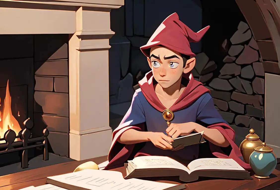 A young boy holding a book of fairy tales, wearing a wizard hat, sitting by a cozy fireplace..