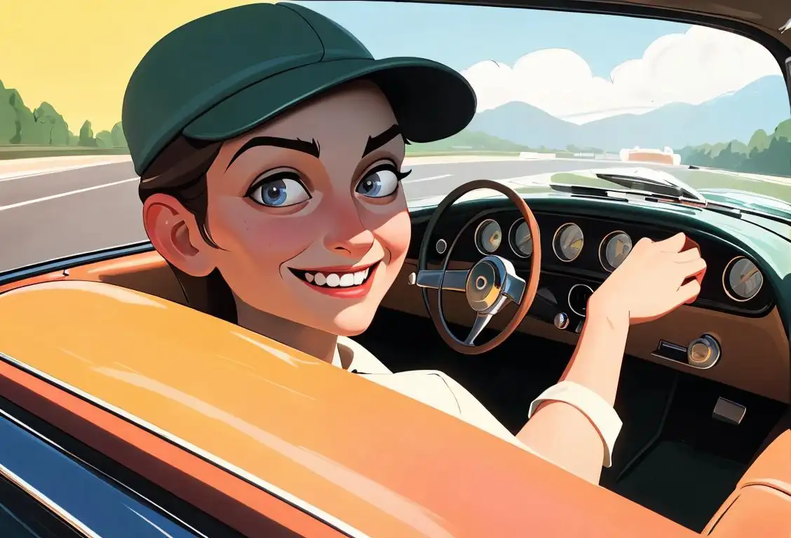 Illustration of a smiling driver inside a car, wearing a classic driving cap, vintage car dashboard in the background..
