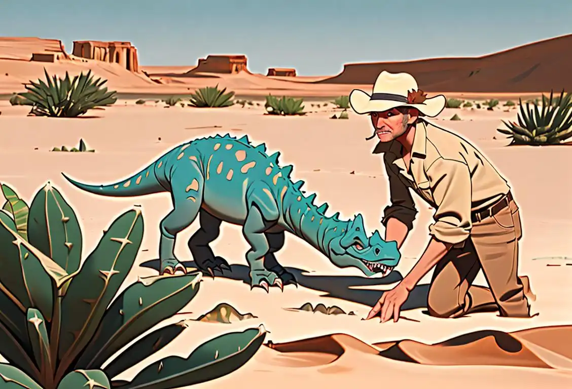Paleontologist digging up dinosaur bones in a desert, wearing safari hat, desert landscape with cacti..