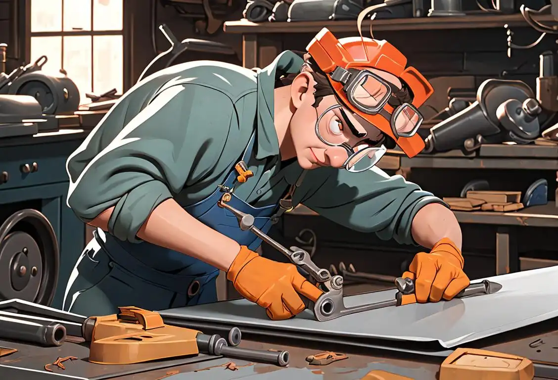 A worker in safety goggles bending and shaping sheet metal, surrounded by tools and equipment in a bustling workshop..