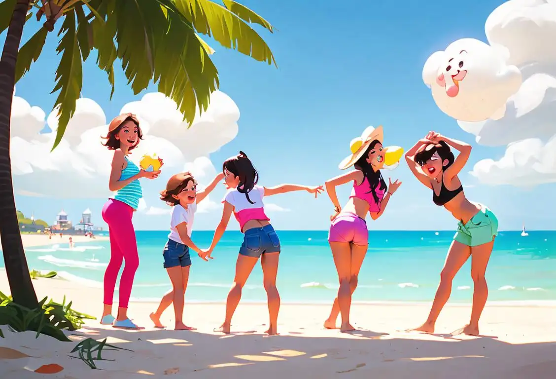 A group of friends taking a fun, playful picture together, wearing summer clothes, at a beach or park..