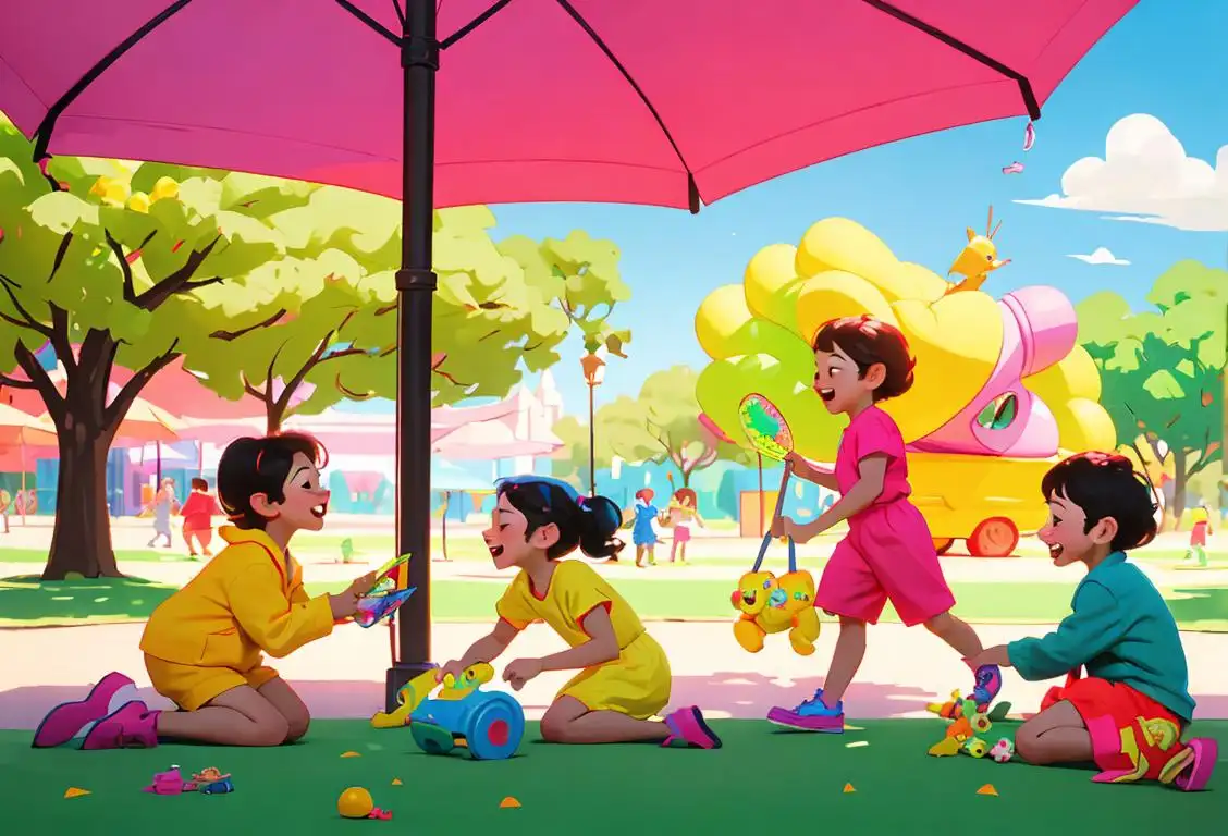 Cheerful children playing, wearing brightly colored clothes, with an array of toys, in a vibrant park setting..
