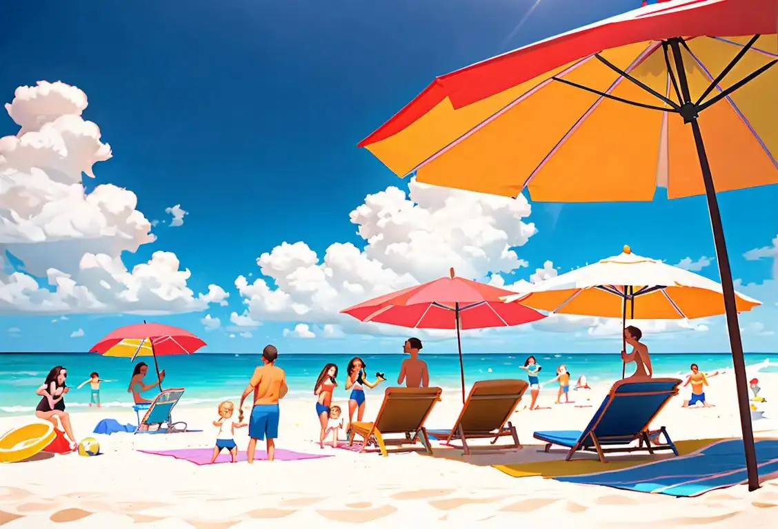 A family enjoying a sunny day on a Florida beach. Filled with colorful beach umbrellas, towels, and a volleyball game in full swing..