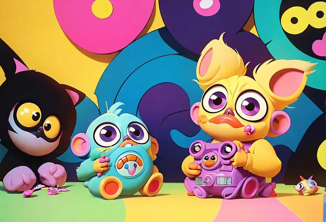 Happy National Furby Day! An excited child playing with a Furby, wearing 90s fashion, surrounded by colorful toys and posters..