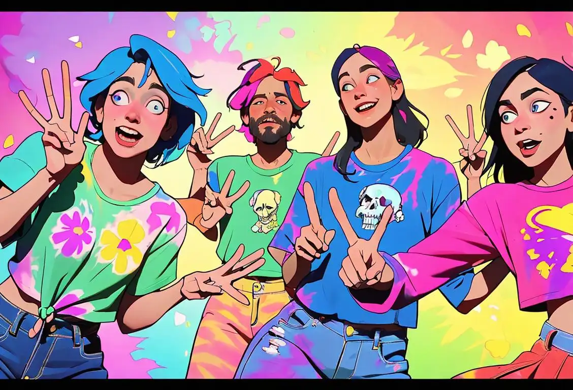 A group of friends wearing tie-dye shirts and dancing to the music, surrounded by colorful flowers and peace signs..