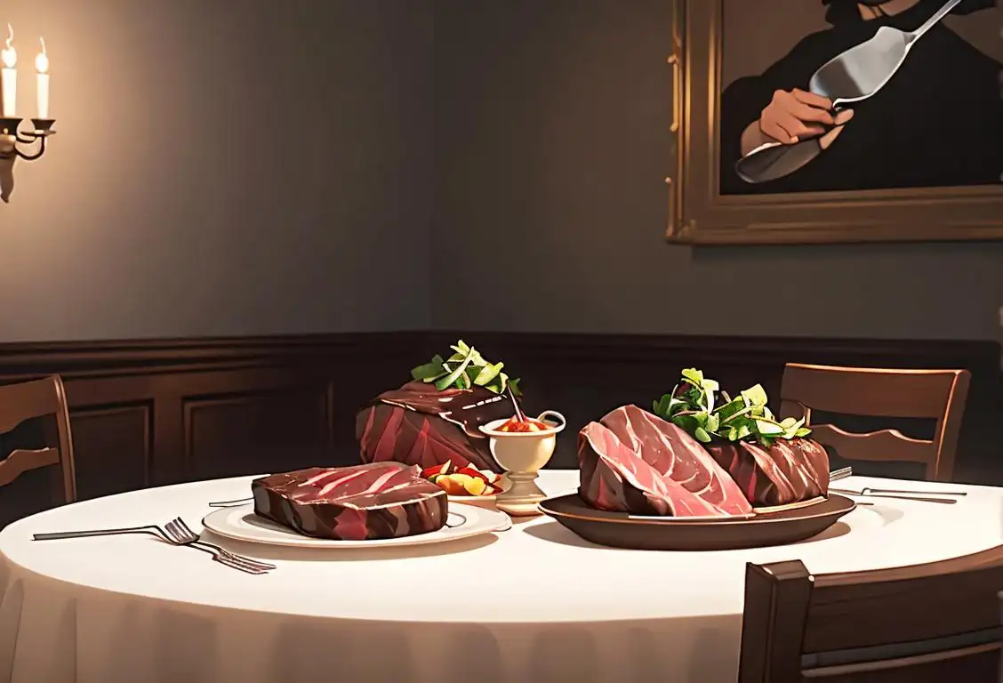 A warmly lit dining table displaying a perfectly cooked steak, surrounded by an artistic arrangement of utensils and a decorative napkin..