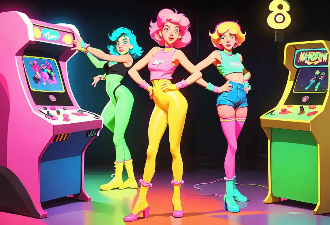Group of friends in 80s fashion, wearing neon colors and leg warmers, dancing in front of an arcade machine.
