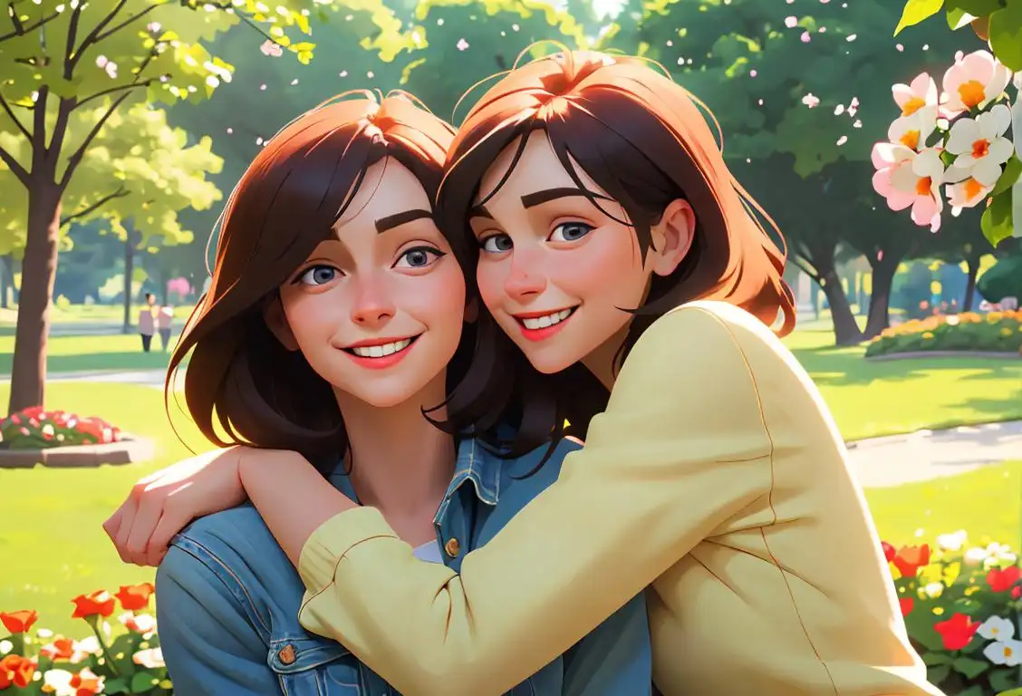 Two friends standing close together, smiling and giving each other a warm embrace. They are wearing casual clothes and the scene is set in a beautiful park with flowers in bloom..