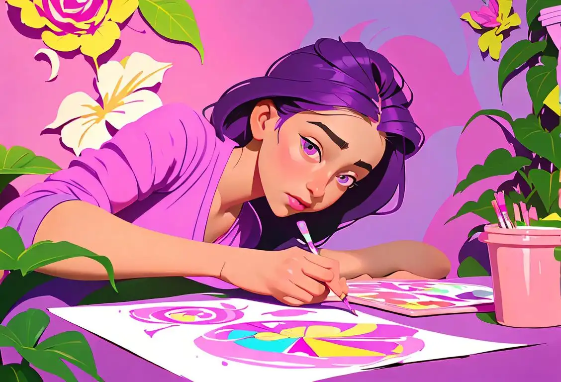 Vibrant celebration of National Pink Purple Day! Young women painting a pink and purple mural in a boho-chic art studio, surrounded by colorful art supplies and lush plants..