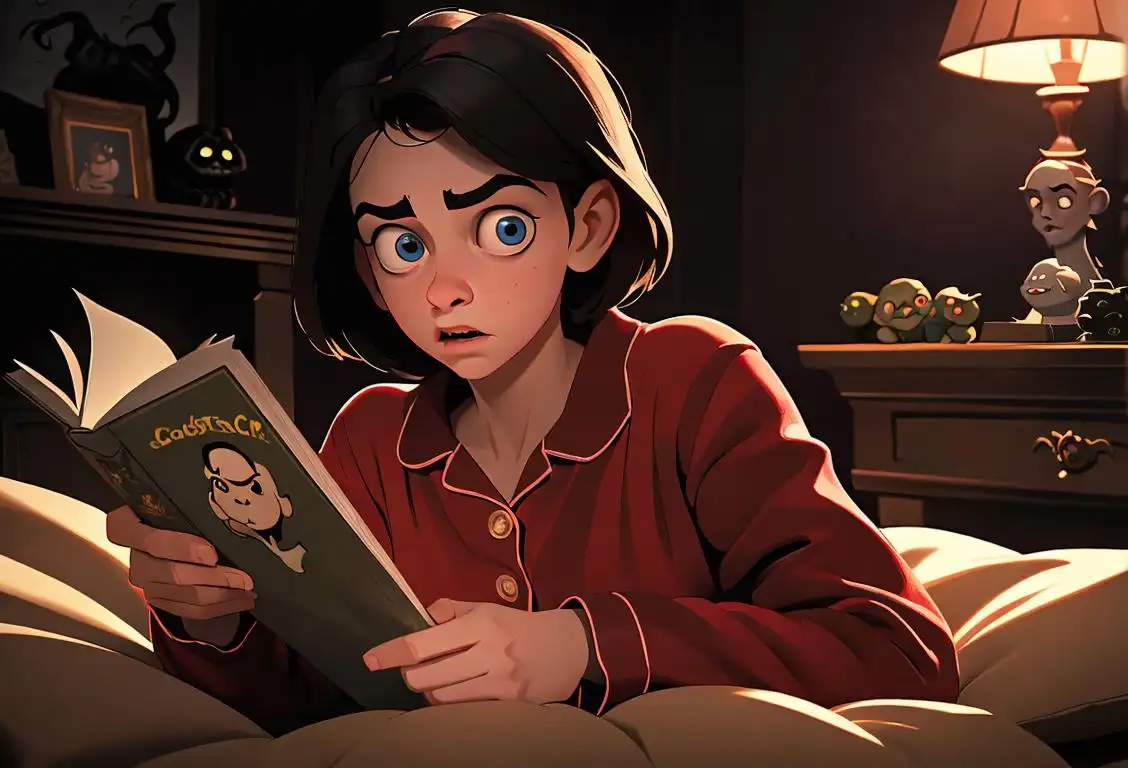 Young person reading a Goosebumps book, wearing cozy pajamas, in a dimly lit room with a spooky decor..